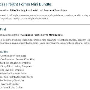 Pode incluir: Um documento digital intitulado "TruckBoss Freight Forms Mini Bundle" com uma lista de modelos para empresas de transporte rodoviário. Os modelos incluem confirmação de tarifa, conhecimento de embarque e formulários de fatura. O documento foi concebido para ajudar os profissionais de transporte.