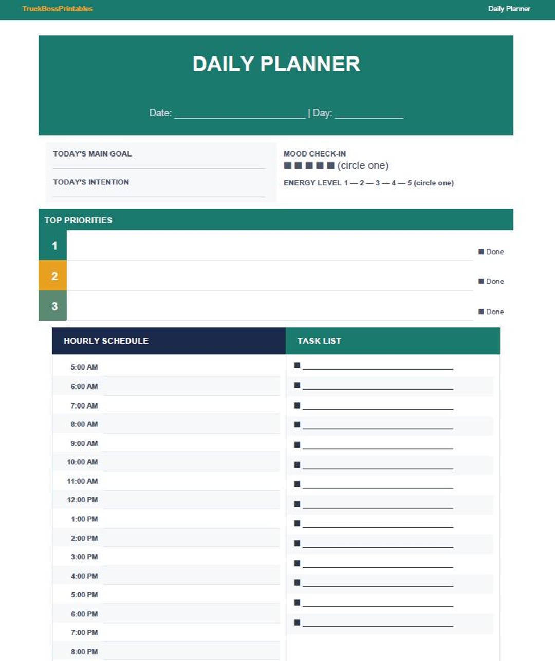 Daily Planner Printable | Hourly Schedule, to Do List, Mood Tracker ...