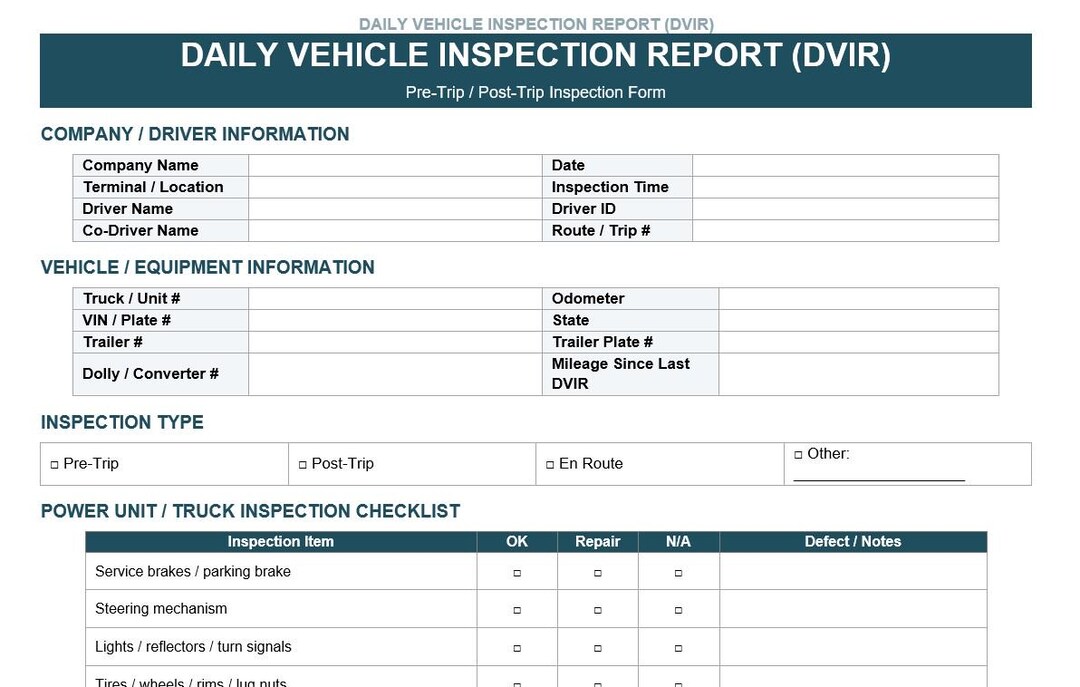 Dvir Form.pdf Daily Vehicle Inspection Report DVIR Template - Etsy