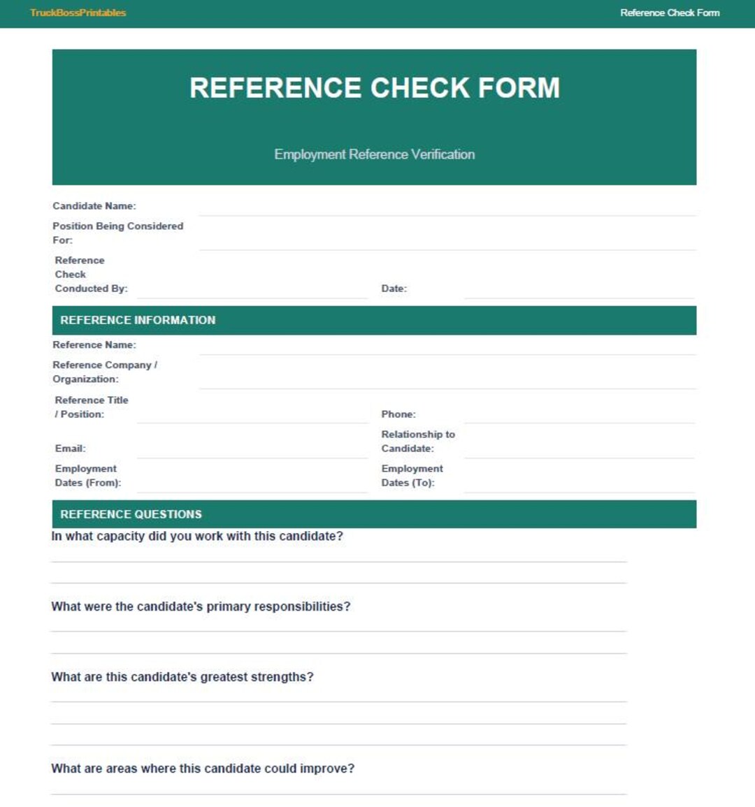 Reference Check Form | Employment Verification Questions PDF (hiring HR ...
