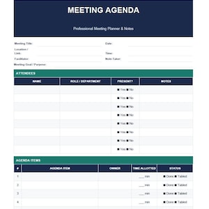 May include: A printable meeting agenda template with a navy blue header and teal and navy blue sections. The template includes sections for meeting details, attendees, and agenda items. The text "MEETING AGENDA" is prominently displayed.