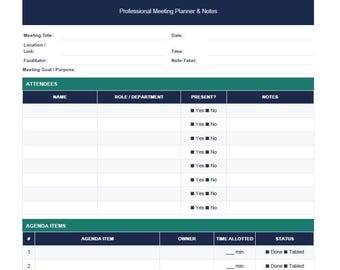 Professional Meeting Agenda Planner | Action Items Tracker - PDF Only