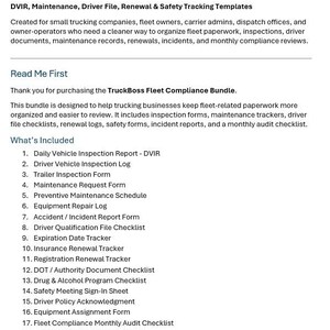May include: TruckBoss Fleet Compliance Bundle document. Includes DVIR, maintenance, driver file, renewal, and safety tracking templates. Designed for trucking companies to organize fleet paperwork, inspections, and driver documents. Includes forms, checklists, and trackers.