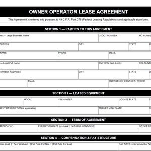 Puede incluir: Documento en blanco y negro titulado "OWNER OPERATOR LEASE AGREEMENT". El documento está dividido en secciones con campos para información como detalles del transportista, equipo arrendado y términos del acuerdo. El texto está en inglés.
