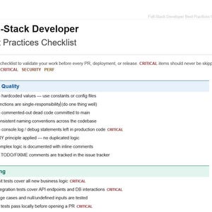 Könnte beinhalten: Eine Checkliste mit dem Titel "Full-Stack Developer Best Practices Checklist" mit Abschnitten zu Codequalität und Tests. Die Checkliste enthält Punkte wie "Keine fest codierten Werte" und "Unit-Tests decken die gesamte neue Geschäftslogik ab".