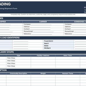 Pode incluir: Um formulário azul e branco intitulado "BILL OF LADING" para envios de frete e transporte rodoviário. O formulário inclui seções para as partes do envio, identificadores de equipamentos, paradas de coleta e entrega e descrição da carga. Possui campos para informações da empresa, contatos e detalhes de rastreamento.