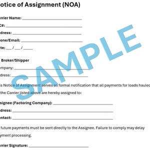 Pode incluir: Um formulário branco de Notificação de Cessão (NOA) com campos de texto para informações da transportadora, detalhes do corretor/remetente e informações do cessionário. A palavra "SAMPLE" é impressa diagonalmente no documento em azul claro.