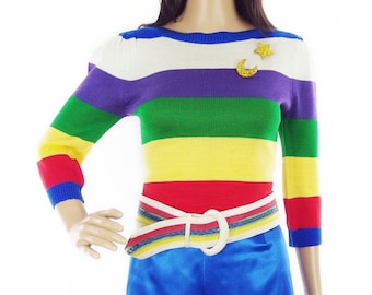 Colourful Late 70s/ Early 80s Rainbow Jumper With Ribbed Boat Neck Detail And 3/4 Length Sleeves In Size S