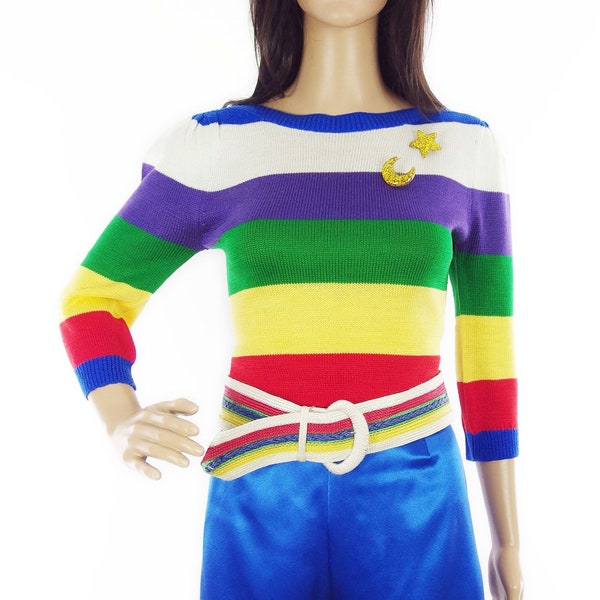 Colourful Late 70s/ Early 80s Rainbow Jumper With Ribbed Boat Neck Detail And 3/4 Length Sleeves In Size S