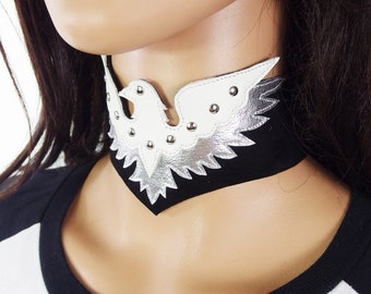 Huzzar Design Genuine Leather And Suede Cut-Out Studded White And Silver Eagle Choker On Black, Made To Measure