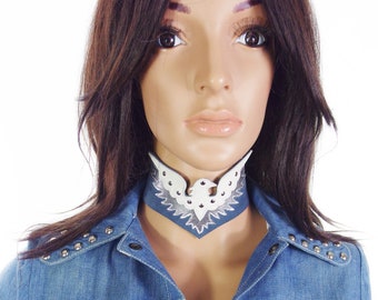 Huzzar Design Genuine Leather And Suede Cut-Out Studded White Eagle Choker On Denim Blue, Made To Measure