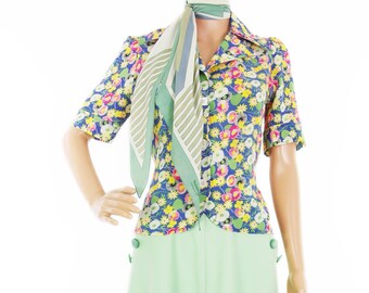 Belle blouse style arrêt de bus années 70, chemisier à fleurs Art déco années 40, taille auberge S