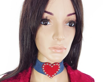 Huzzar Design Genuine Suede Studded "Cupid" Red Heart Suede Choker On Denim Blue Edged With Silver Tone Metal Highball Studs