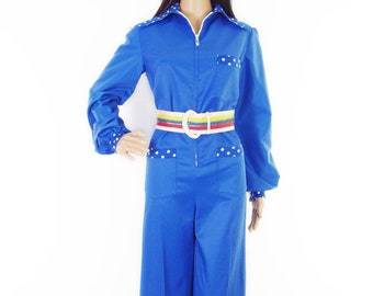 Amazing Original 1970s Blue Flare/Wide Leg Zip-Up Jumpsuit With Balloon Sleeves And Dagger Polka Dot Collar In Size S-M