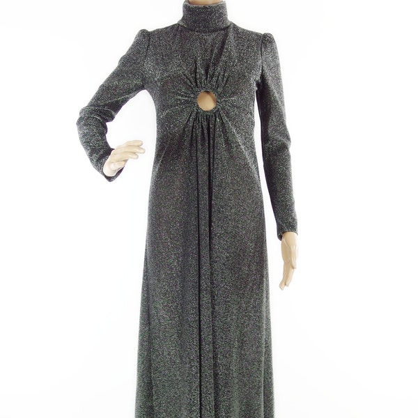 AMAZING 70s Silver Sparkle Lurex Jersey Maxi Dress With Hoop And Gather Keyhole Detail In Size XS-S