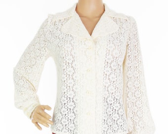 Gorgeous Original 1970s Cream Daisy Lace Blouse Top With Balloon Sleeves And Wide Notched Spoon Collar In Size S-M By Reldan