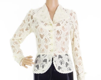 Gorgeous Original 1970s Biba/Ossie Style Cream Lace Blouse Peplum Top With Wide Collar And Long Skinny Puff Sleeves In Size XS