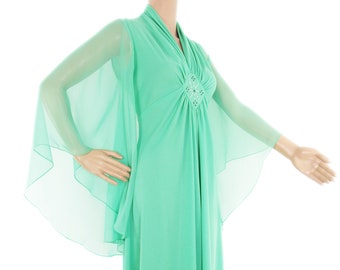 Glamourous 1970s Jade Deco Green Ruched Cocktail Dress With Chiffon Angel Sleeves And Diamante Bodice Feature In Size M