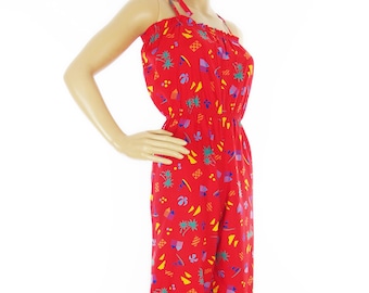INCREDIBLE 70s Strappy Abstract Palm tree/Beach Print Novelty Jumpsuit In Size XS-S