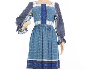 Vintage 70s Square Neckline Blue Cotton Cottage Core/Folk Lace- Trimmed Maxi Dress By Mister Ant In Size XS-S