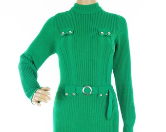 Ultra Mod Original 1960s Bright Emerald Green Thick Acrylic Chunky Ribbed Jumper With Space Age Circular Buckle And Belt Detail In Size S-M