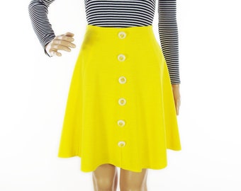 Original 1960s Mod Citrus Yellow Fluted Woolly Skater Mini Skirt With Perspex Daisy Button Detail In Size XS-S