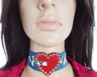 Huzzar Design Genuine Suede Studded "Cupid" Red Heart Suede Choker On Denim Blue With Faux Snakeskin Arrow, Made To Measure