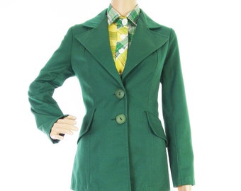 Original 1970s Trevira Tailored Fit And Flare Racing Green Blazer Jacket With Wide Lapels Size XS-S