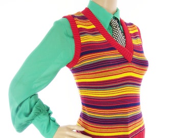 Adorable Original 70s Rainbow/Multicolour Striped Knitted Vest/Tank Top In Size XXS-S