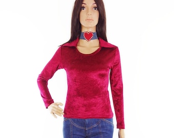 Original 80s/90s Crushed Velvet Jersey Skinny Long Sleeve Top With Wide Collar Detail In Size XXS-XS