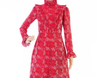 Gorgeous 1970s Does Victorian Red Jacquard Long Sleeve Maxi With Pie Crust Collar In Size XXS