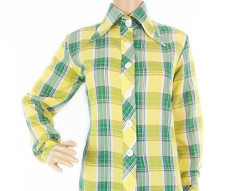 Genuine 1970s Green And Yellow Check/Plaid Dagger Point/ Wingtip Collar Shirt/Blouse In Size M