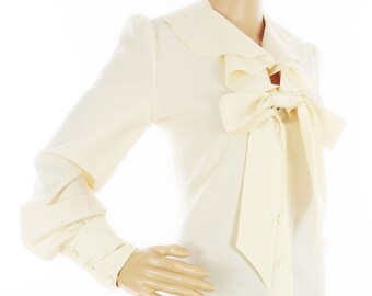 1960s/1970s Cream Pussy Bow Tie Ruffle Blouse Top With Puff Sleeves In Size S By Richard Shops