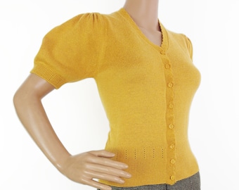 Elegant 80s/90s Soft Feel Golden Yellow Puff Sleeve Cardigan With Eyelet Open Work And Scalolp Rib Trim