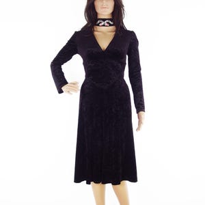 Original 70s Miss Selfridge Bus Stop Style Black Crushed Velour Velvet Midi Dress With Plunge Neckline In Size XS-S