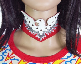 Huzzar Design Genuine Leather And Suede Cut-Out Studded White And Silver Eagle Choker On Crimson, Red Made To Measure