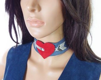 Huzzar Design Genuine Suede "Cupid" Red Heart Suede Choker On Denim Blue With Faux Snakeskin Arrow, Made To Measure
