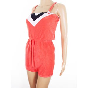 Ultra Bright Original 70s Coral Pink Roller Disco Flannelette/ Terry Towelling Bandeau/ Halter Hotpant Romper Playsuit In Size M