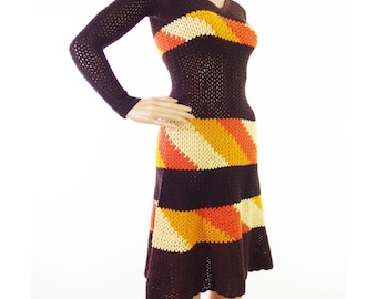 Amazing Original 60s/70s Chocolate Brown With Orange And Yellow Contrast Stripe Panel Crochet Midi Dress In Size XXS