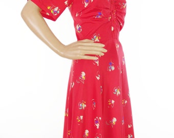 Glamourous Original Vintage 70s Does 40s Art Deco Lipstick Red Silky Flutter Button-Through Tea Dress In Size S