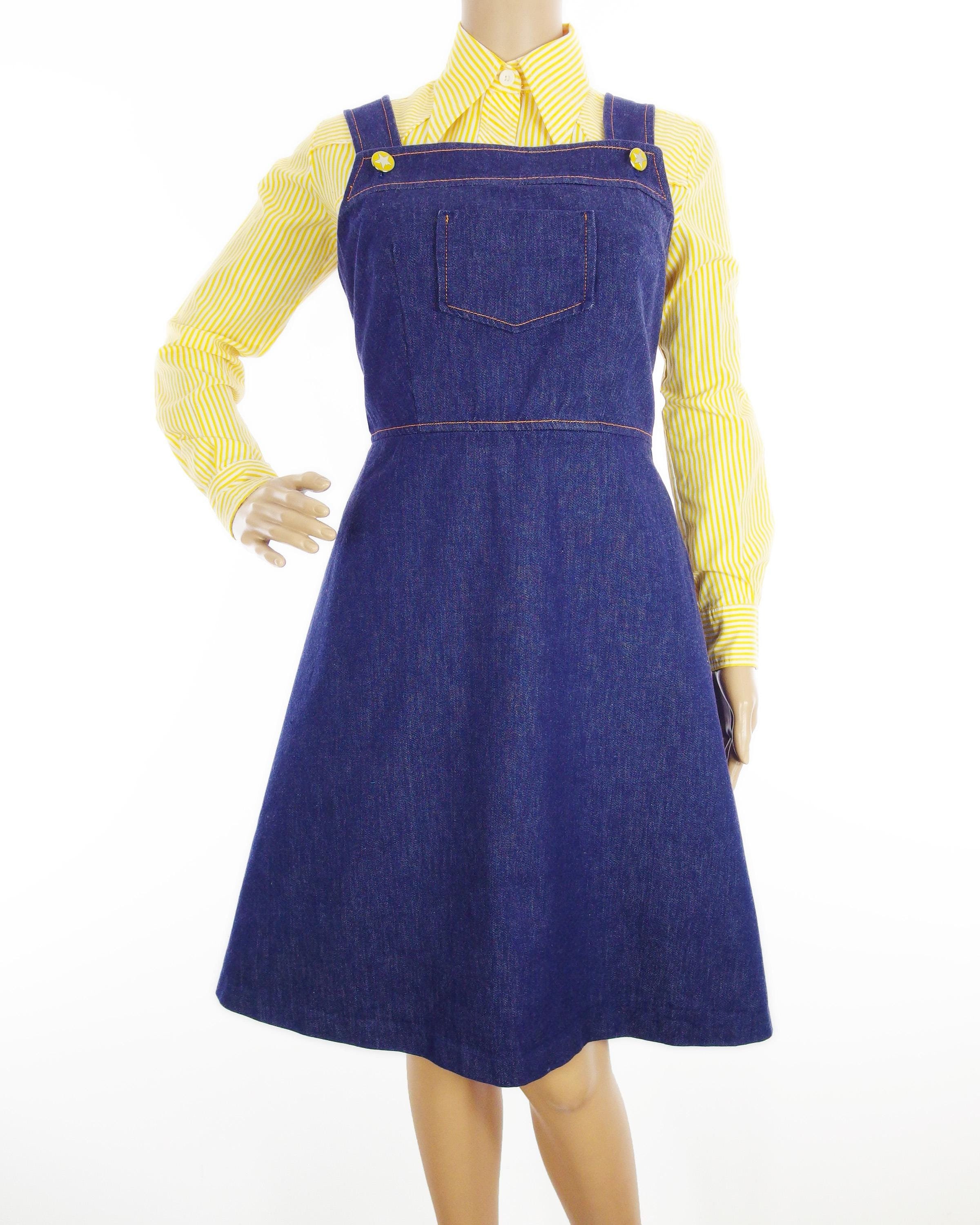 Overall Dress 70s Jean Dress 1970s Denim Overalls-Style Dress