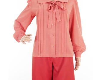 Adorable 70s Crepey Salmon Peach Pleated Blouse With Sailor Collar And Balloon Sleeves In Size M