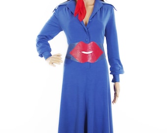 Adorable 70s Does 50s Drapey Blue Jersey Secretary Button-Through Midi Dress With Revere Collar Detail In Size M