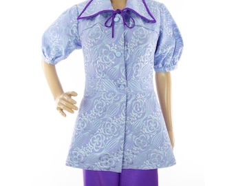 Blusa original de los años 70, de jacquard brillante, estilo psicodélico, con peplum, cuello ancho y mangas cortas abullonadas, talla XS-S.