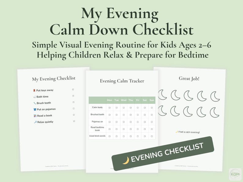 Evening Calm Down Checklist for Kids Printable (ages 2–6) | Evening ...