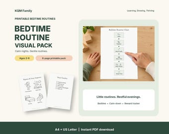 May include: A printable bedtime routine visual pack featuring a chart with icons for bath, pajamas, teeth brushing, story time, and sleep. Includes a sleep checklist and sequence guide with text labels. The pack is designed for ages 2-6.