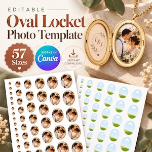 May include: An editable oval locket photo template featuring 57 sizes, compatible with Canva. The image displays a gold-toned open locket containing a couple's photograph and a monogram, alongside two printed sheets of oval photo cutouts in various sizes.