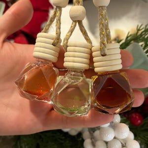 May include: Three small, clear, geometric glass bottles filled with coloured liquid. Each bottle has a wooden cap and a decorative rope. The liquids are orange, green, and brown. The bottles are hanging.
