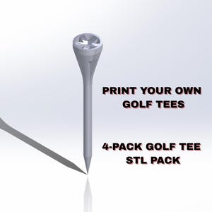 May include: A single gray golf tee with a star-shaped top is displayed against a white background. The text "PRINT YOUR OWN GOLF TEES" and "4-PACK GOLF TEE STL PACK" are also visible.