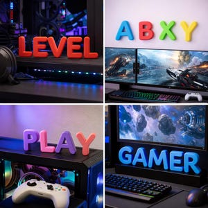 May include: A collage of images featuring colorful, 3D letters spelling out "LEVEL", "ABXY", "PLAY", and "GAMER". The letters are in various colors, including red, blue, pink, and yellow. The images suggest a gaming theme, with computer setups and controllers.